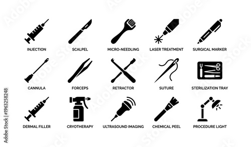 Surgical and cosmetic tools icons set: injection scalpel laser suture peel