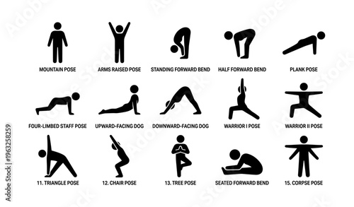 Basic yoga poses icons set featuring standing and balancing postures