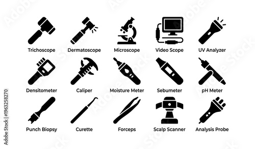 Dermatology equipment icons: trichoscope, microscope, uv analyzer and more