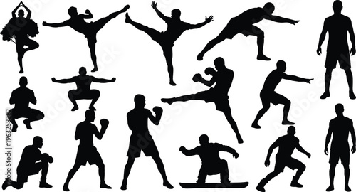 Sixteen black silhouettes of athletes in martial arts, yoga, boxing, and fitness poses including kicks, punches, lunges, and stretches, perfect for sports design, animation, and creative artwork
