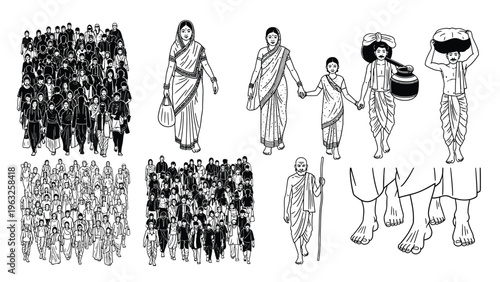 Collection of Indian people in traditional clothing, some carrying pots and baskets.
