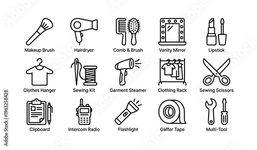 Beauty and utility icons: hairdryer, makeup, sewing, tools, fashion essentials