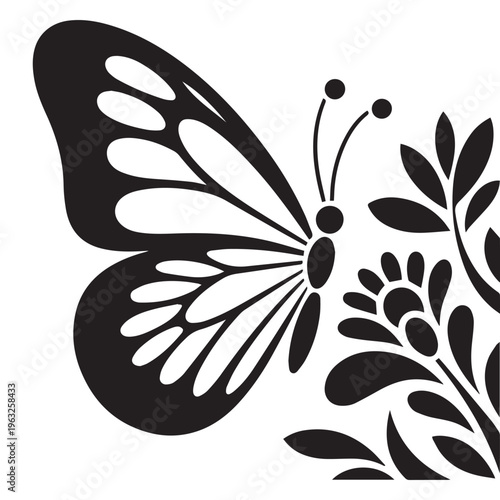 Butterfly and floral corner silhouette, isolated black and white vector art.