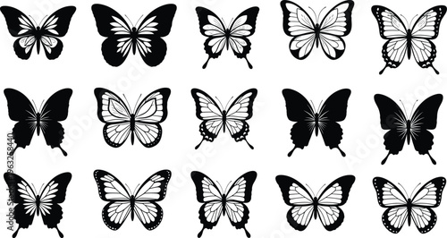 Butterfly Silhouette and Outline Icon Set Featuring Detailed Wing Patterns and Elegant Insect Shapes for Nature Branding Tattoo Designs and Crafts, Transparent Background PNG