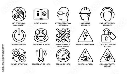Safety icons for workplace: machinery, protection, emergency, hazard, lockout