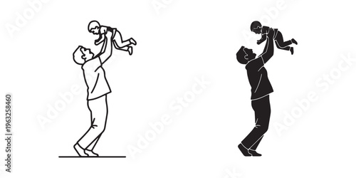 Vector illustrations of a man lifting a baby in the air in two styles