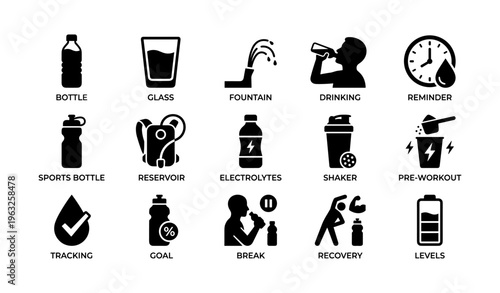 Hydration and fitness icons: water, electrolytes, shaker, recovery, reminder