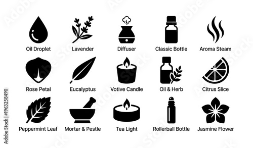 Aromatherapy icon set featuring essential oils, diffusers, and natural elements