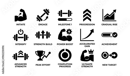 Fitness and progress icons set representing strength and achievement