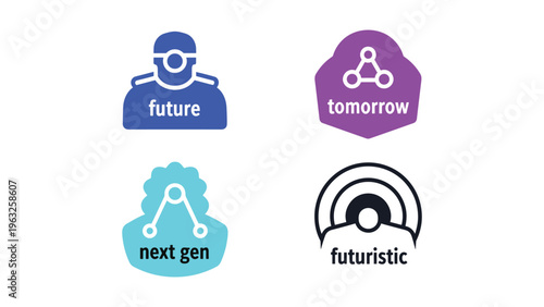 Four futuristic and tech-inspired brand logos with creative typography