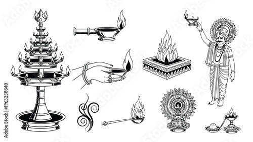 Decorative Indian lamps and religious offerings, oil lamps and a holy man.