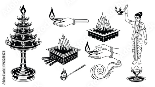 Collection of Indian lamps and religious artifacts with a man performing a ritual.