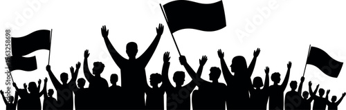 Silhouette of large protest crowd with raised hands and waving flags, symbolizing unity, activism, freedom, and public demonstration energy