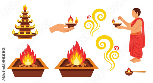Hindu ritual oil lamp and holy fire elements with priest performing aarti ceremony on white background.