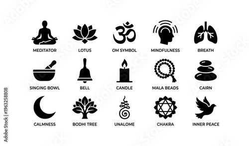 Meditation and yoga symbols: mindfulness, inner peace, and calmness