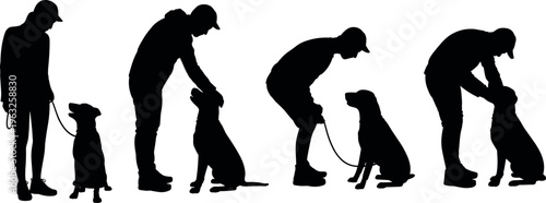 Silhouette of man training dog on leash, obedience practice, pet owner interaction, bonding moments and positive reinforcement isolated background