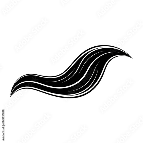 Flowing Black Hair Strand with White Highlights, Elegant Swirl, Isolated on White Background