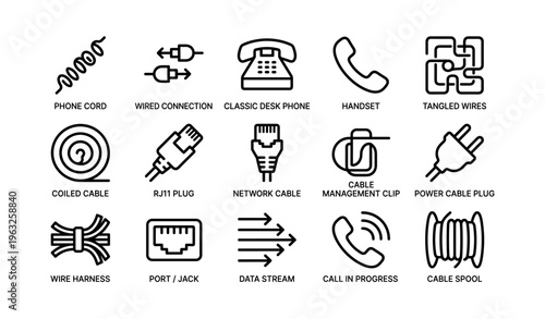 Icon set of communication cables and telephone equipment illustrations