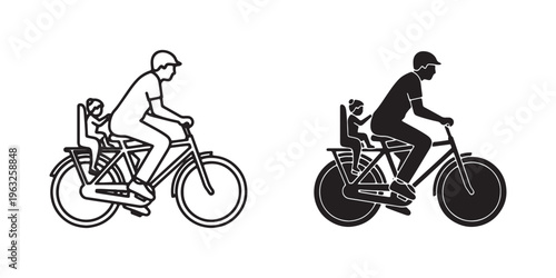 Black and white illustrations of adult and child riding bicycles together