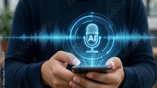 A person holding a smartphone with a glowing blue AI microphone icon on the screen on transparent background