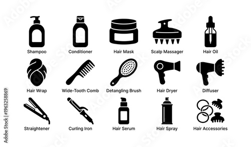 Essential hair care tools and products icons set