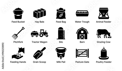 Farm equipment icons: feed bucket, silo, barn, tractor wagon, animal feeder