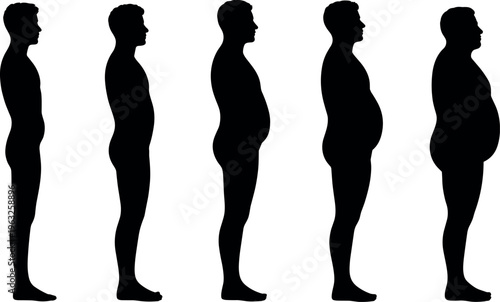 Silhouette sequence of man body transformation showing weight gain progression, side view stages of obesity and health concept isolated