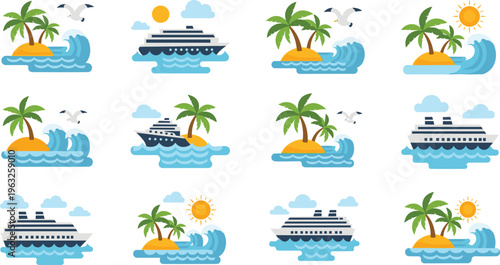 Tropical Island and Cruise Ship Icon Set with Palm Trees, Ocean Waves, Sun, Seagulls, and Summer Vacation Travel Vector Illustration