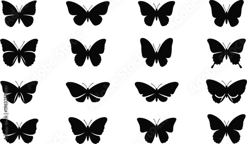 Butterfly Silhouette Icon Set Featuring Diverse Wing Shapes and Elegant Insect Outlines for Nature Branding Tattoo Designs and Decorative Graphics, Transparent Background PNG