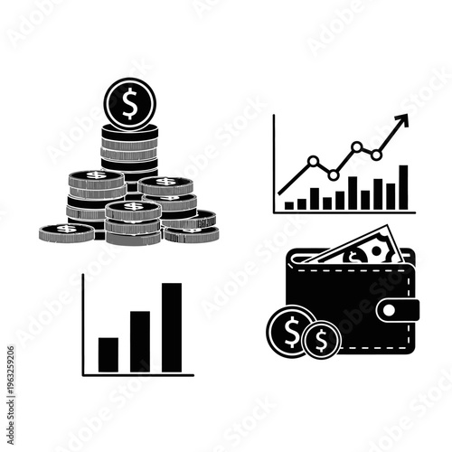Financial Growth Icons: Coins, Wallet, and Charts Illustrating Business Success and Investment