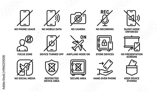No device usage icons: digital restriction and security symbols