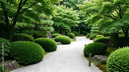 A serene Japanese garden with a winding gravel path surrounded by lush greenery and meticulously trimmed bushes on transparent background