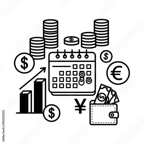 Financial planning and investment growth concept with calendar, money, coins, and bar chart.