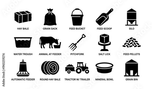 Farm equipment icons - hay bale, grain sack, feed bucket, silo, tractor