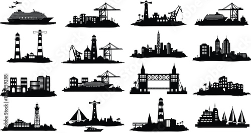 City Skyline and Industrial Port Silhouette Set with Lighthouse, Bridge, Harbor, Buildings, and Urban Landscape Vector Illustration Collection