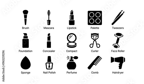 Silhouette icons of makeup tools and beauty accessories