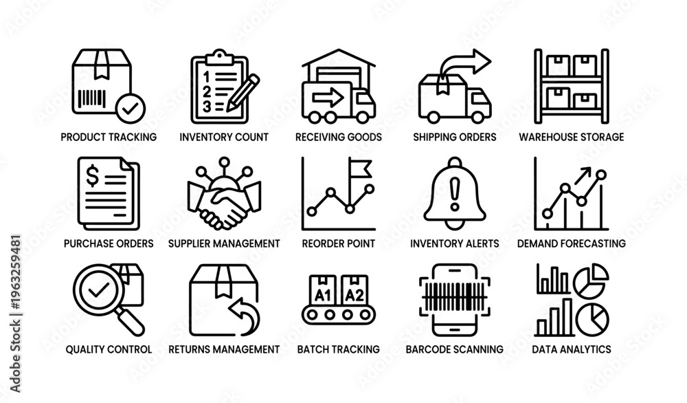 Fototapeta premium Supply chain management icons chart for efficient inventory and shipping solutions