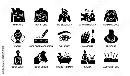 Icon set of spa treatments and beauty services