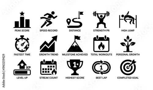 Fitness achievement icons: peak score, distance, strength, personal growth, milestone