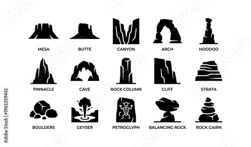 Silhouette icons of geographical features: mesa, canyon, arch
