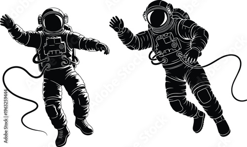 Black and white silhouette of two astronauts floating in space, tethered, weightless, cosmic exploration, science fiction concept, isolated on white background minimal
