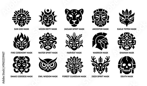 Mystical masks collection: sun, moon, jaguar, ancestor, eagle spirit art