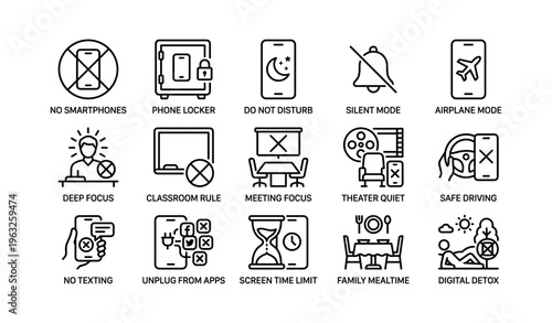 Digital wellness icons: no smartphone, focus, lock, safe driving, detox