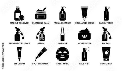 Skincare product icons collection featuring cleansers oils moisturizers and treatments