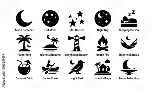 Collection of nighttime icons featuring nature and relaxation themes