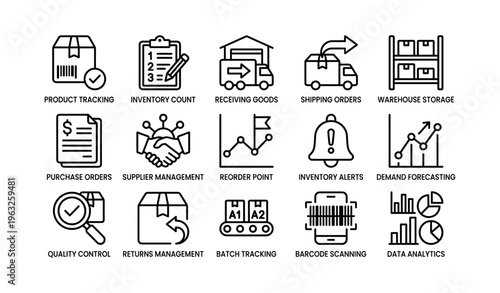 Supply chain management icons chart for efficient inventory and shipping solutions