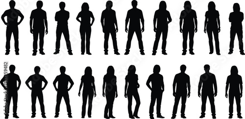 Twenty human silhouettes in standing poses with diverse postures and stances, arranged in rows, perfect for concepts of diversity, unity, anonymity, and group design projects.