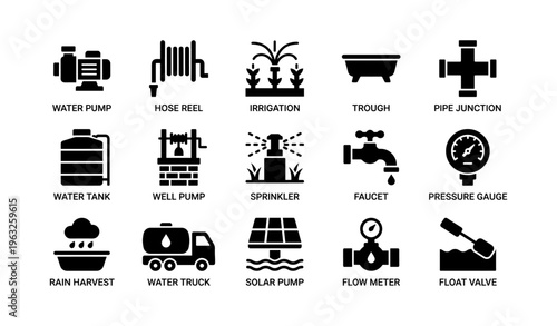 Collection of plumbing and irrigation icons featuring pumps, faucets, and tanks