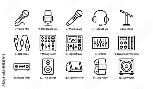 Audio equipment icons featuring microphones, headset, cables, mixer, speaker, subwoofer