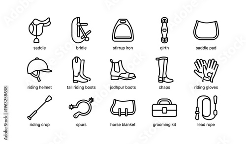Equestrian equipment icons saddle bridle boots gloves helmet riding horse gear